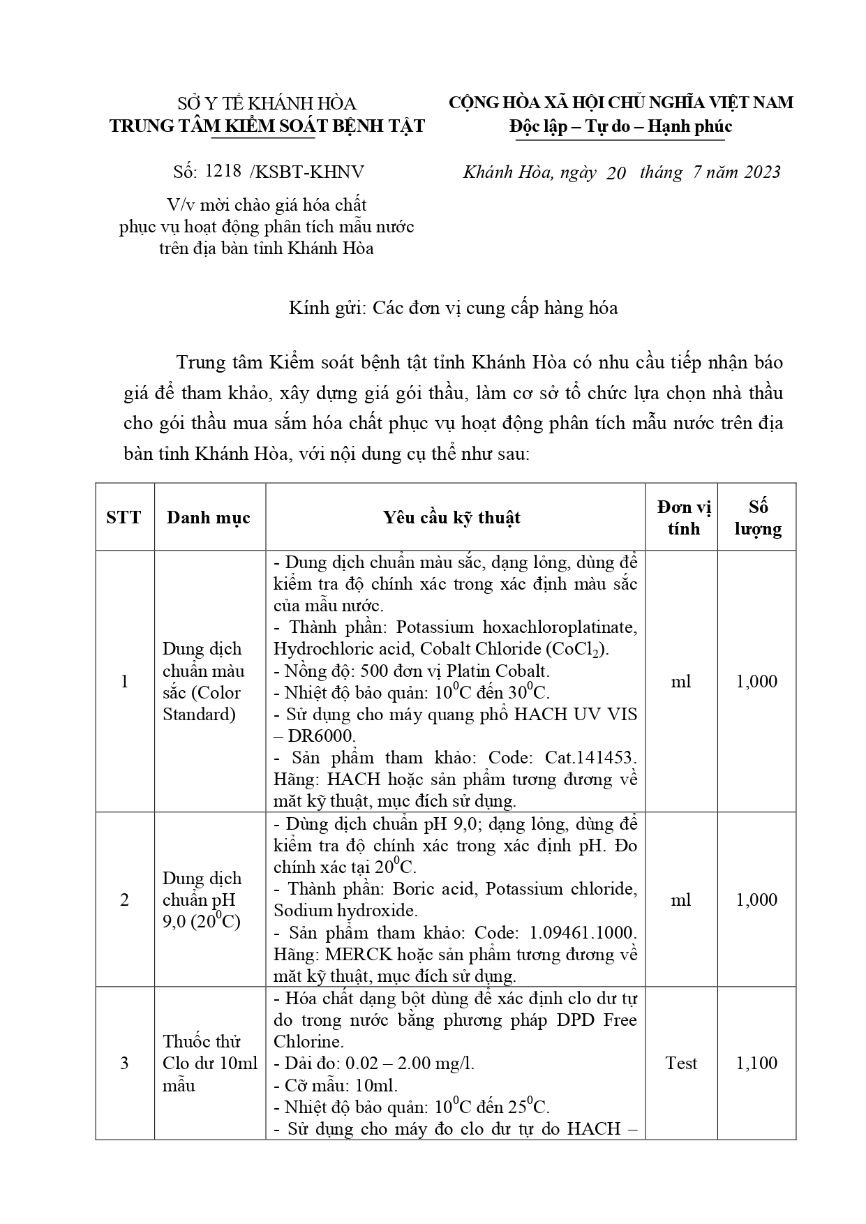 Mời chào giá hóa chất phục vụ hoạt động phân tích mẫu nước trên địa bàn tỉnh Khánh Hòa